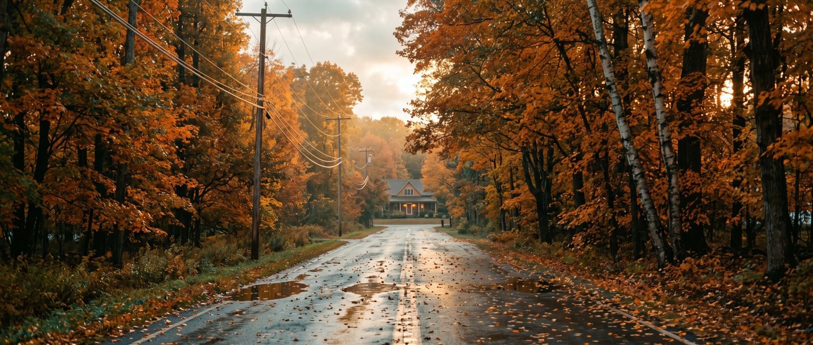 A tree-lined Putnam County road in autumn with power lines and a lit house at the end