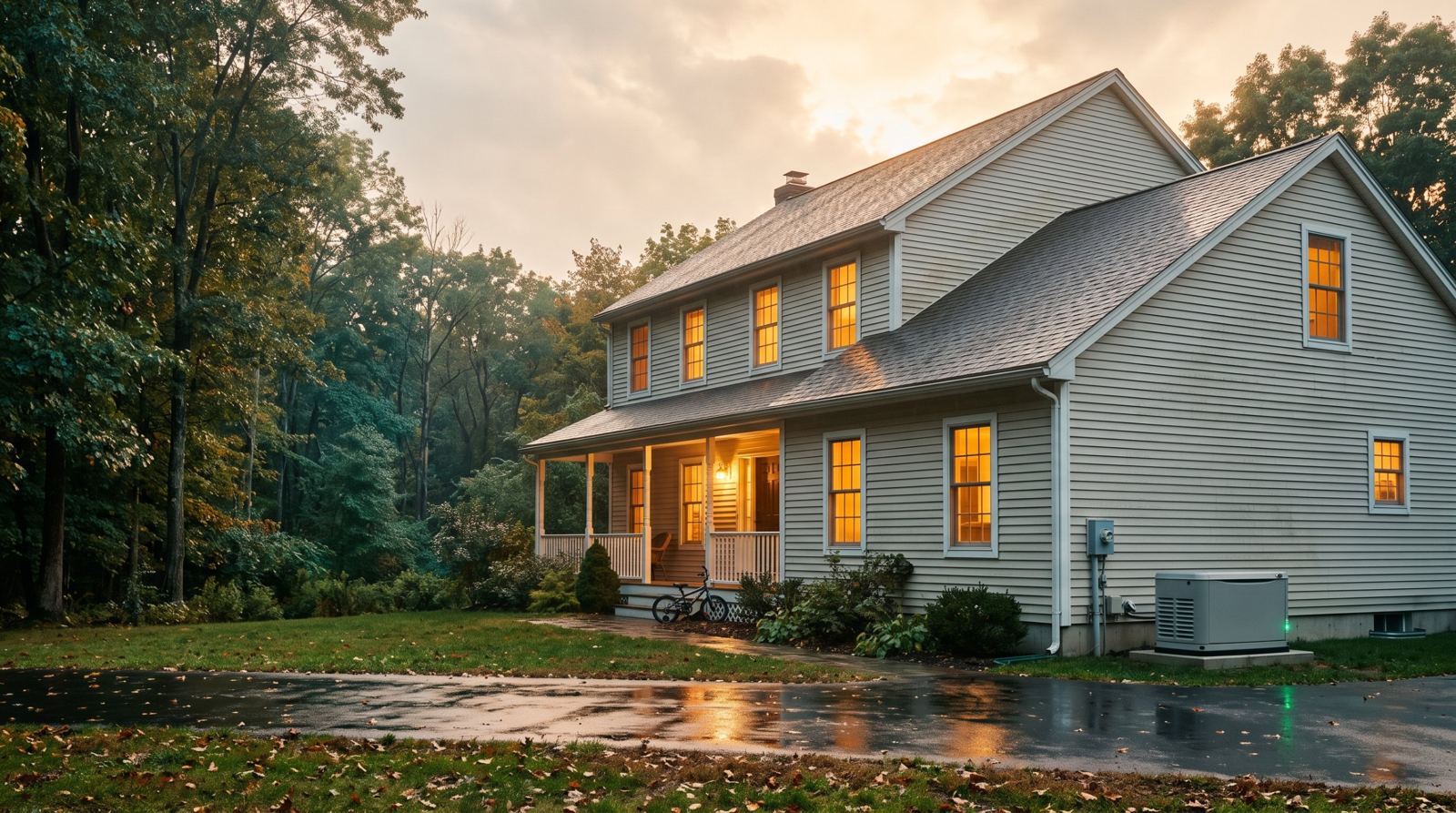 A Putnam County home with every window lit at dusk and a standby generator running beside it