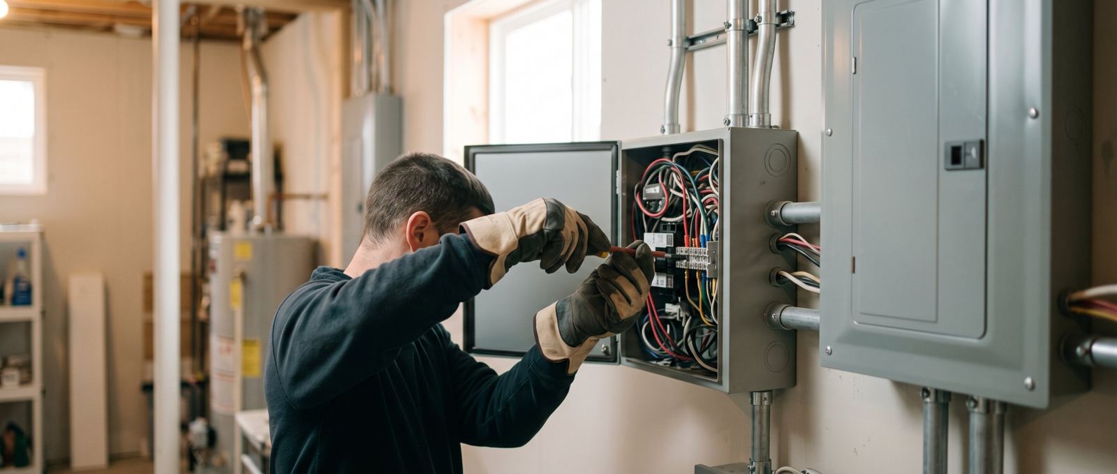 An electrician wiring an automatic transfer switch beside a home's breaker panel