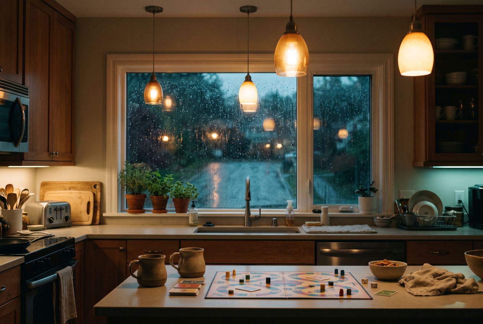 A warm, lit kitchen at night while the street outside is dark