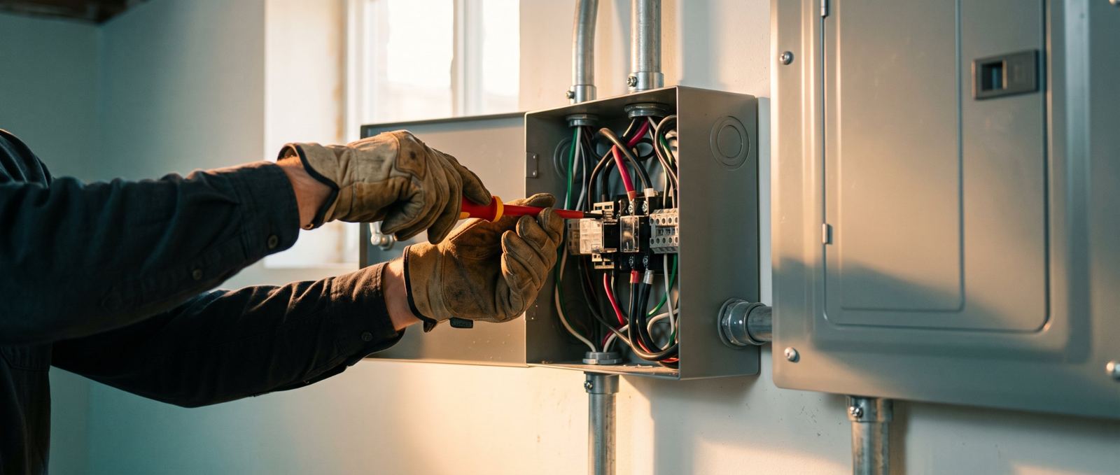 Gloved hands tightening a connection inside a transfer switch