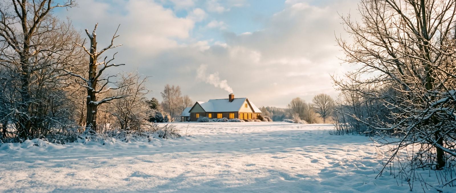 A house with warm windows and chimney smoke on a bright snowy morning